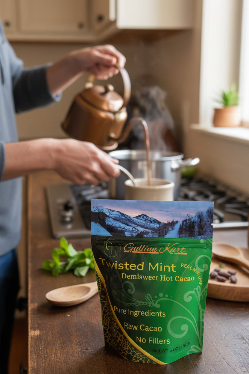 Organic raw cacao mint hot chocolate mix with dried mint and cane sugar