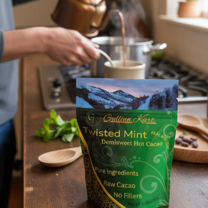 Organic raw cacao mint hot chocolate mix with dried mint and cane sugar