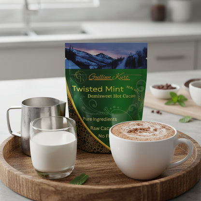Organic raw cacao mint hot chocolate mix with dried mint and cane sugar Gullinn Krut